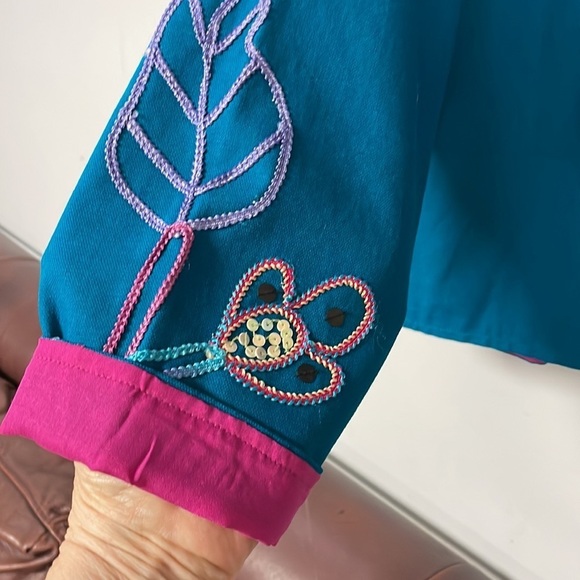 Alex Kim Floral & Applique Embroidered Jacket, PXL, deep turquoise, pink lining - Picture 11 of 12